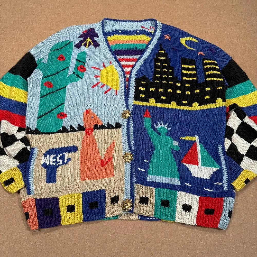 Vintage Teacher Americana Knit Cardigan USA Statue of Liberty Southwest Scene XL